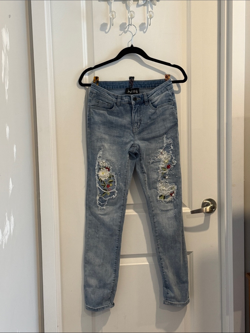 Joseph Ribkoff Light Blue Skinny Jeans with Embroidered Floral Panels